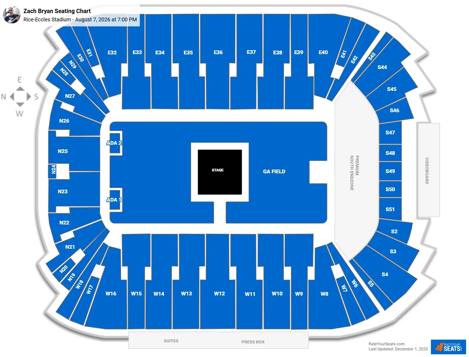 Zach Bryan- Row 10 Section W11 Seat 15-18- Below Face