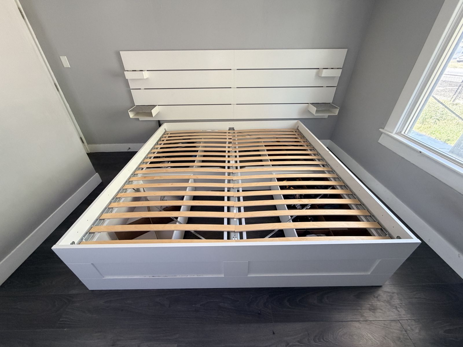IKEA brimnes king bed frame with headboard and bedside table plus drawers