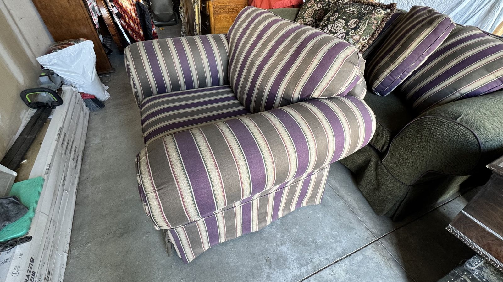 Broyhill sage green fabric sofa with a coordinating oversized chair