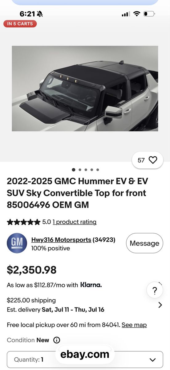 OEM GM 2022-2025 GMC Hummer EV Sky Convertible Top Front 85006496