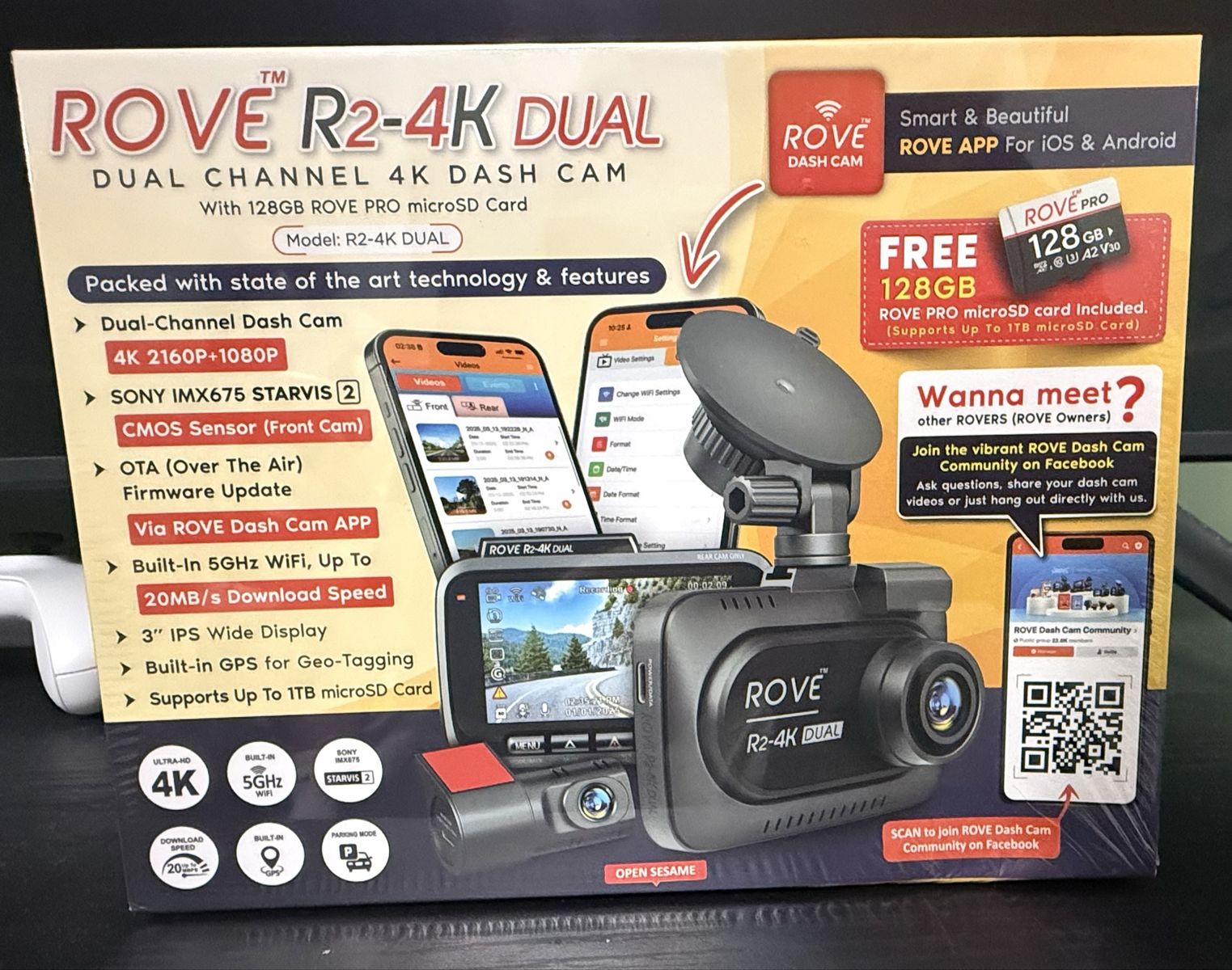ROVE R2-4K DUAL Channel Dash Cam with 128GB MicroSD Card 4K 2160P+1080P WiFi GPS