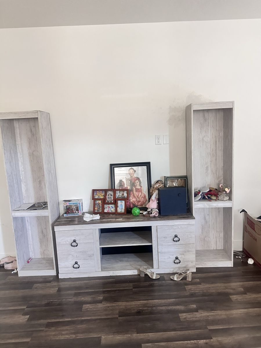 Weathered White Wood Media Console with Two Bookshelf Towers - Entertainment Center Storage