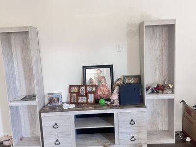 Weathered White Wood Media Console with Two Bookshelf Towers - Entertainment Center Storage
