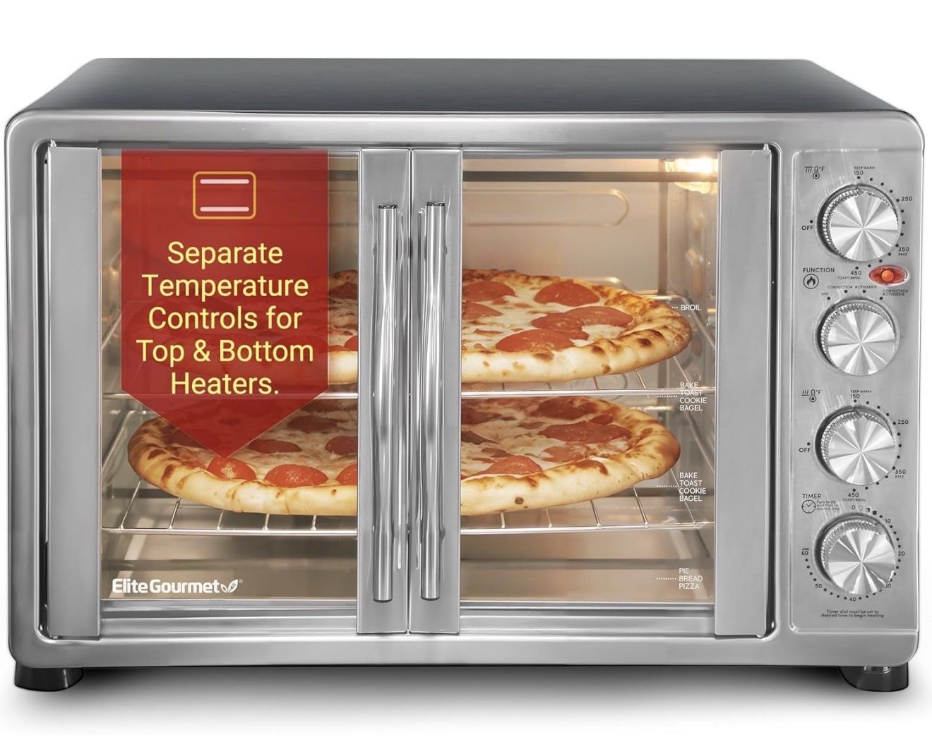 Elite Gourmet ETO4510B 45L French Door Toaster Oven with Top/Bottom Temp Control - New