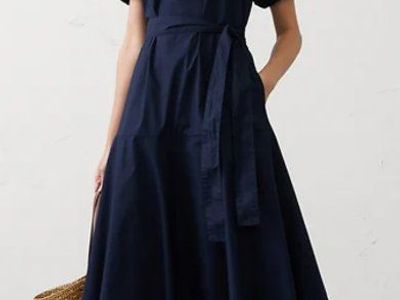 Banana Republic Navy Blue Cotton Midi Dress with Puff Sleeves and Tie Waist - Women's Size Medium
