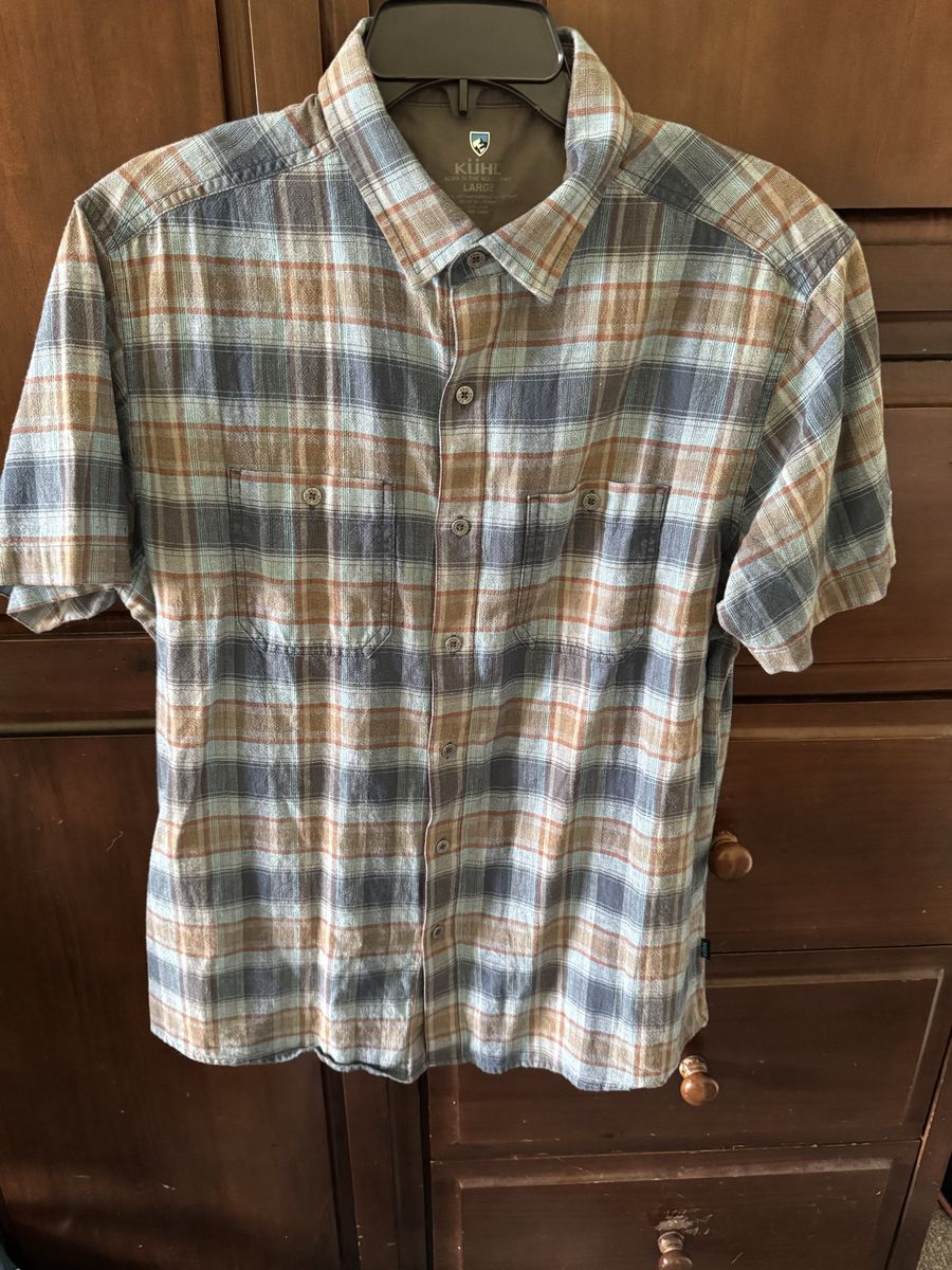 KÜHL Men's Large Plaid Button-Up Short Sleeve Shirt - Brown/Blue