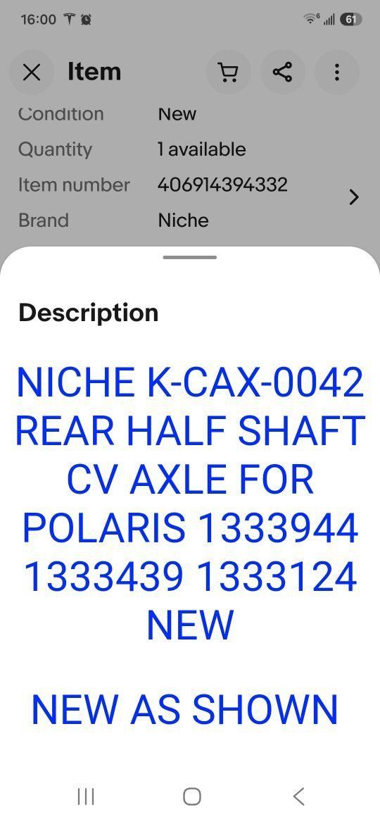 Polaris CV axle Niche K-CAX-0042
