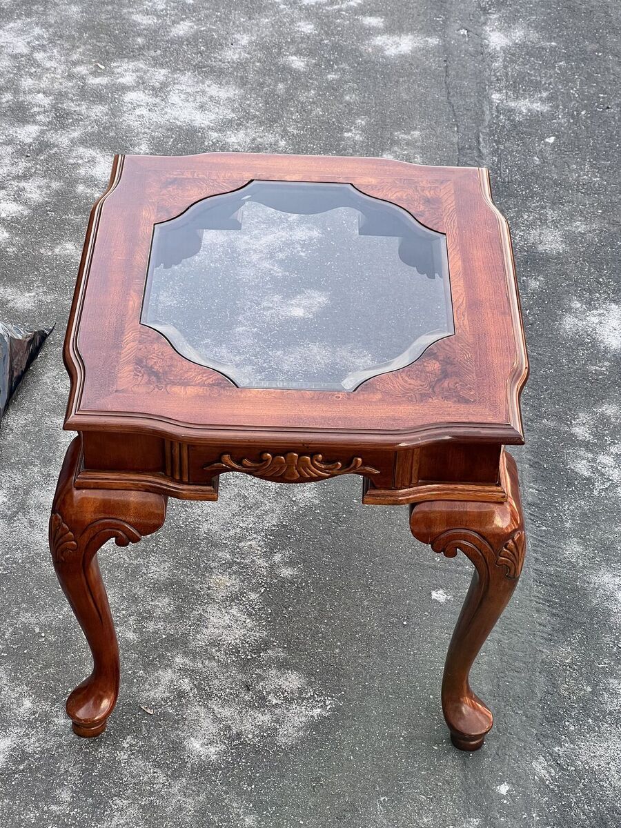 Vintage wood end tables with glass