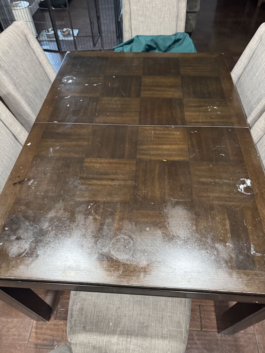 Used Wood Dining Table - Square Pattern Top, Extendable Leaf, Dark Wood Finish