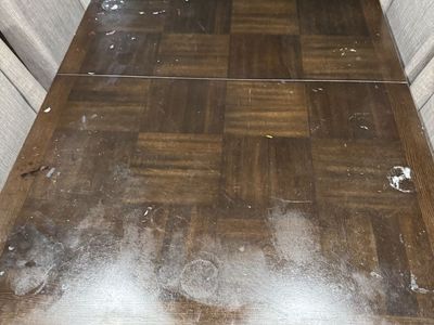 Used Wood Dining Table - Square Pattern Top, Extendable Leaf, Dark Wood Finish