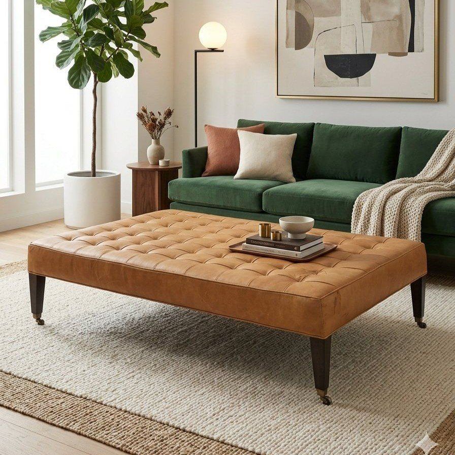 GORGOUS XL Lee Industries Fawn Leather Ottoman on Casters