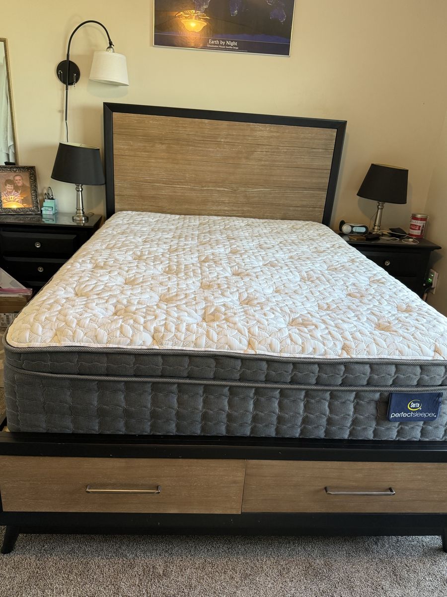 Queen sized headboard and base with two drawers.