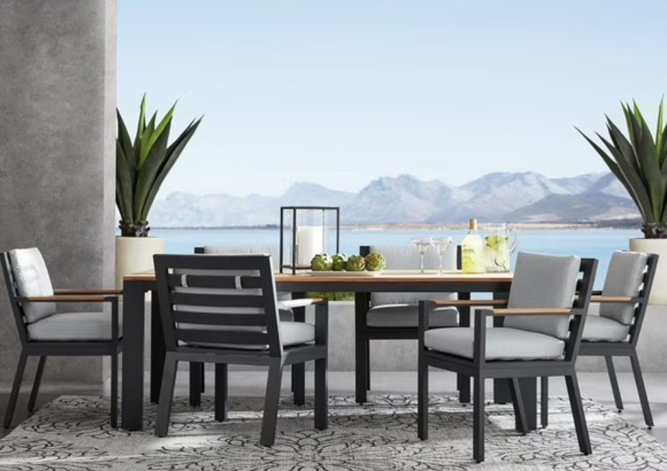 Outdoor Dining Set - Modern Patio Furniture with 6 Chairs and Wood-Accented Table