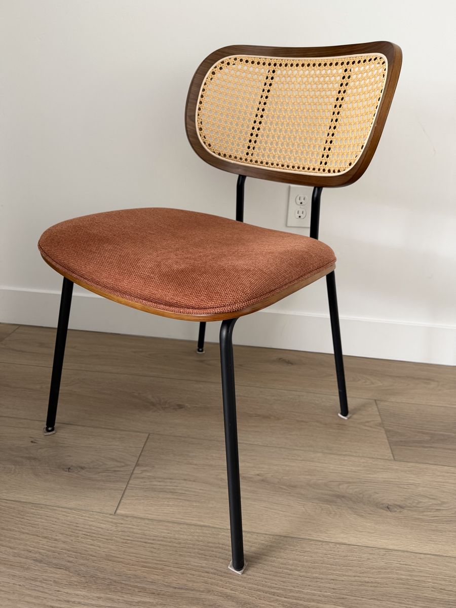4x Modern Chairs with Rattan Back and Orange Fabric – Set of 4