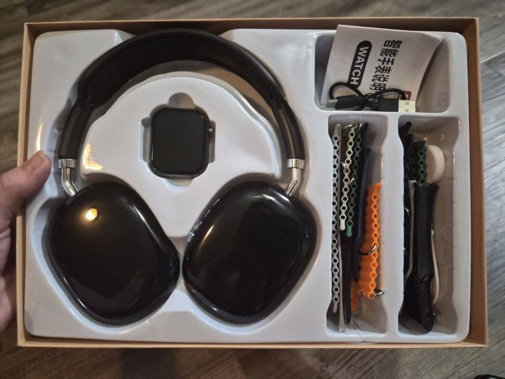 New Black Wireless Over-Ear Headphones & Smartwatch Set with Extra Watch Bands