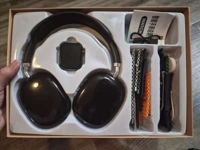 New Black Wireless Over-Ear Headphones & Smartwatch Set with Extra Watch Bands