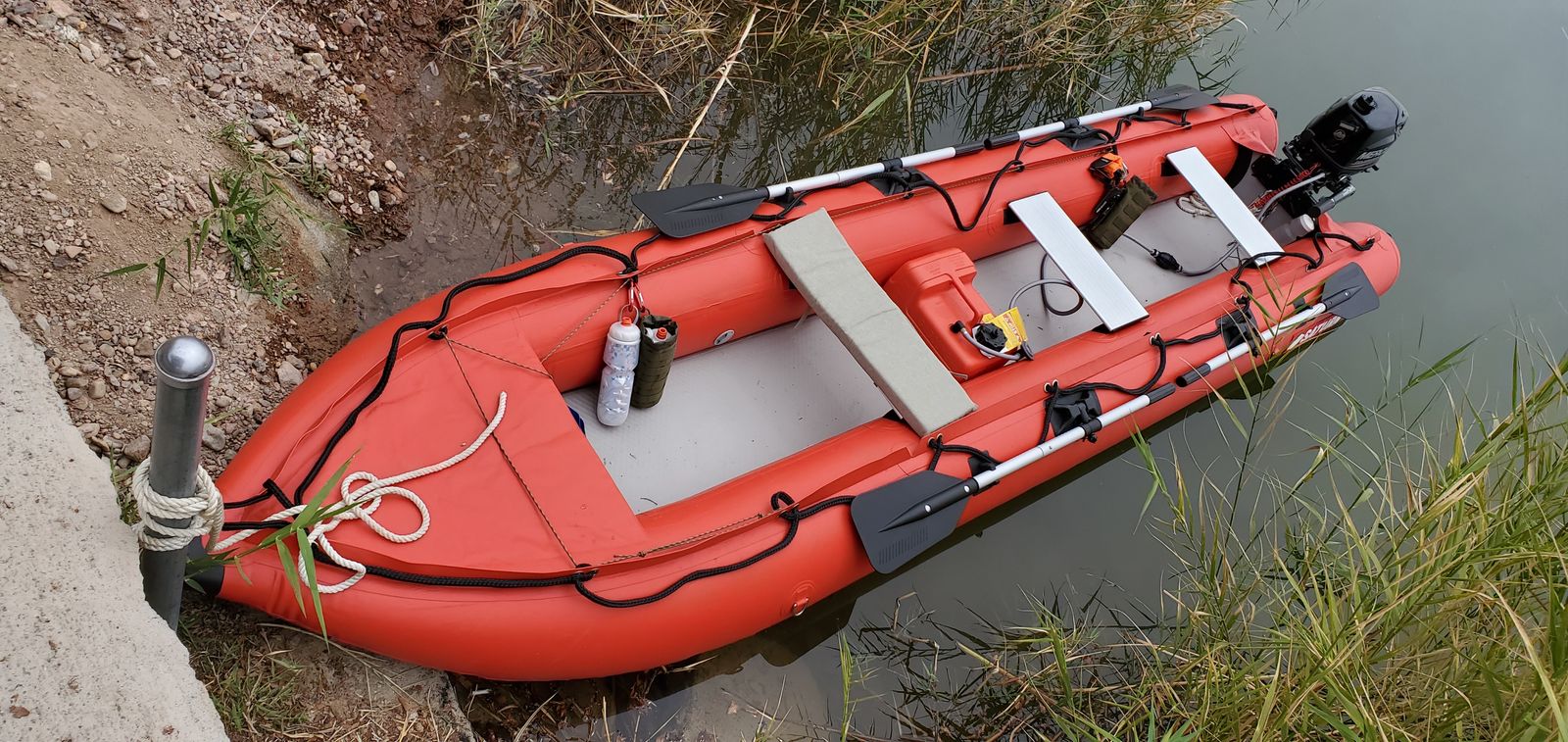 15’ Kaboat Inflatable boat with 6hp Mercury gas motor, electric trolling motor, and more