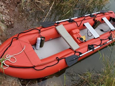 15’ Kaboat Inflatable boat with 6hp Mercury gas motor, electric trolling motor, and more