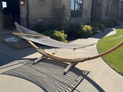 Wooden Arc Hammock Stand with White Rope Hammock - Relaxing Outdoor Lounger
