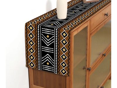 Tribal Aztec Style Table Runner Brown Black Geometric Pattern Decorative Linens