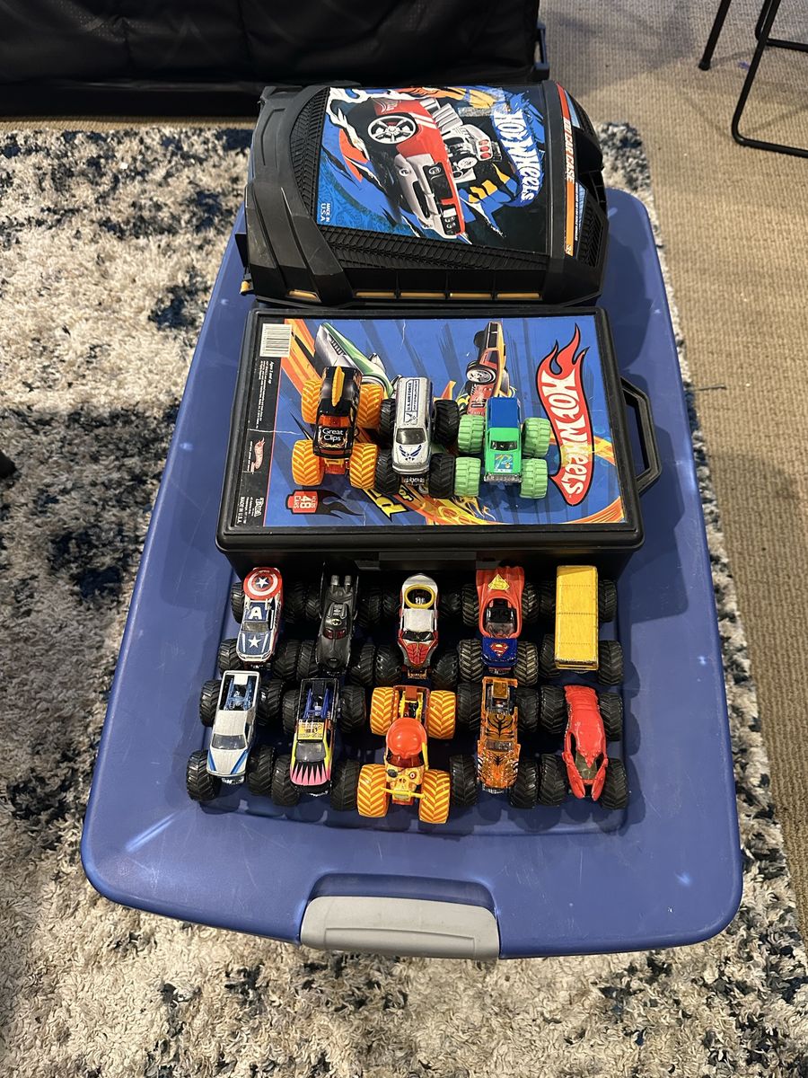 Hot Wheels, Monster Trucks & Track Sets w/ Carrying Cases & Storage Bin