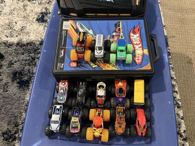Hot Wheels, Monster Trucks & Track Sets w/ Carrying Cases & Storage Bin