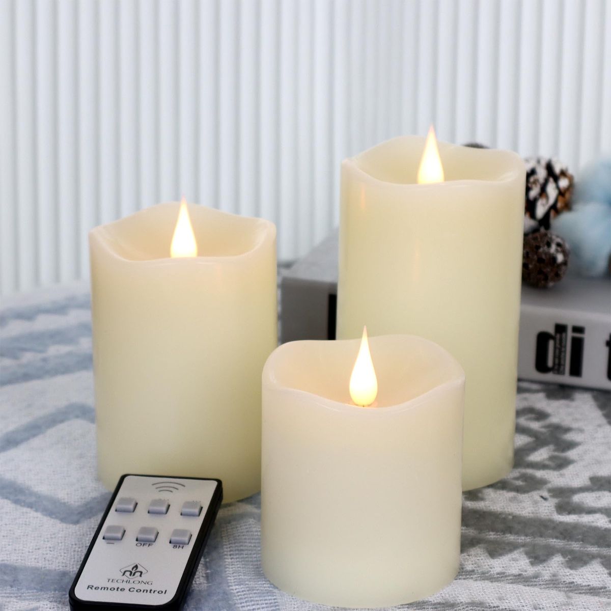 Realistic Flameless LED Pillar Candles with Remote Control, Set of 3 (3", 4", 5" H)