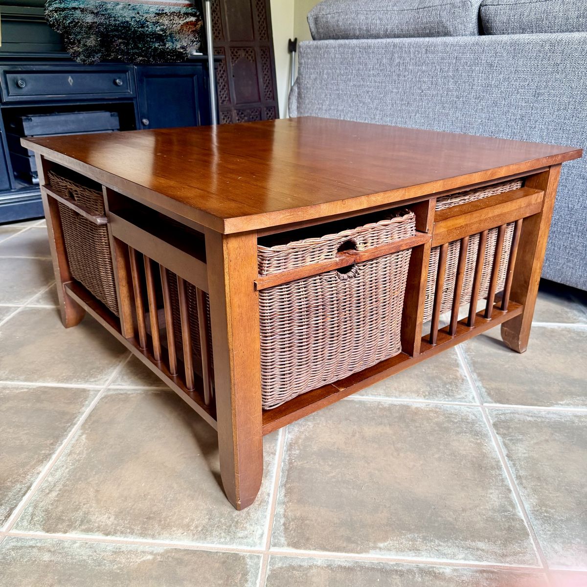 Square Solid Wood Coffee Table with Wicker Baskets - Mission Style Living Room Furniture