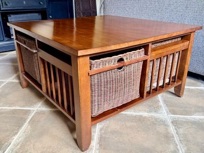 Square Solid Wood Coffee Table with Wicker Baskets - Mission Style Living Room Furniture