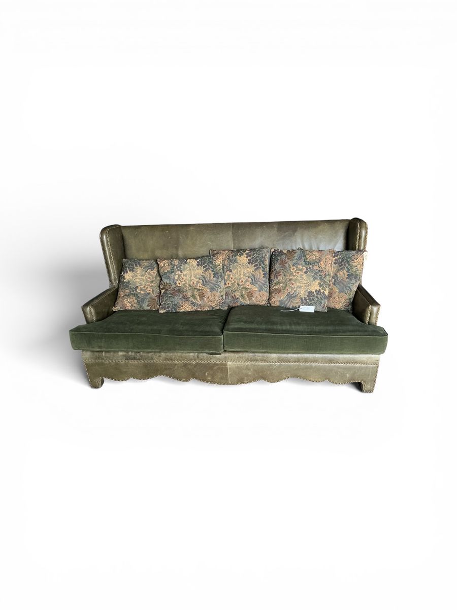 Green Leather & Velvet Couch