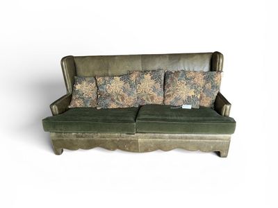 Green Leather & Velvet Couch