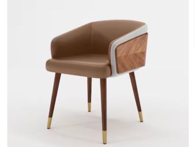 Brand new Luxury Mid-Century Modern Dining Chair - Brown Leather, Walnut Wood, Gold Accents