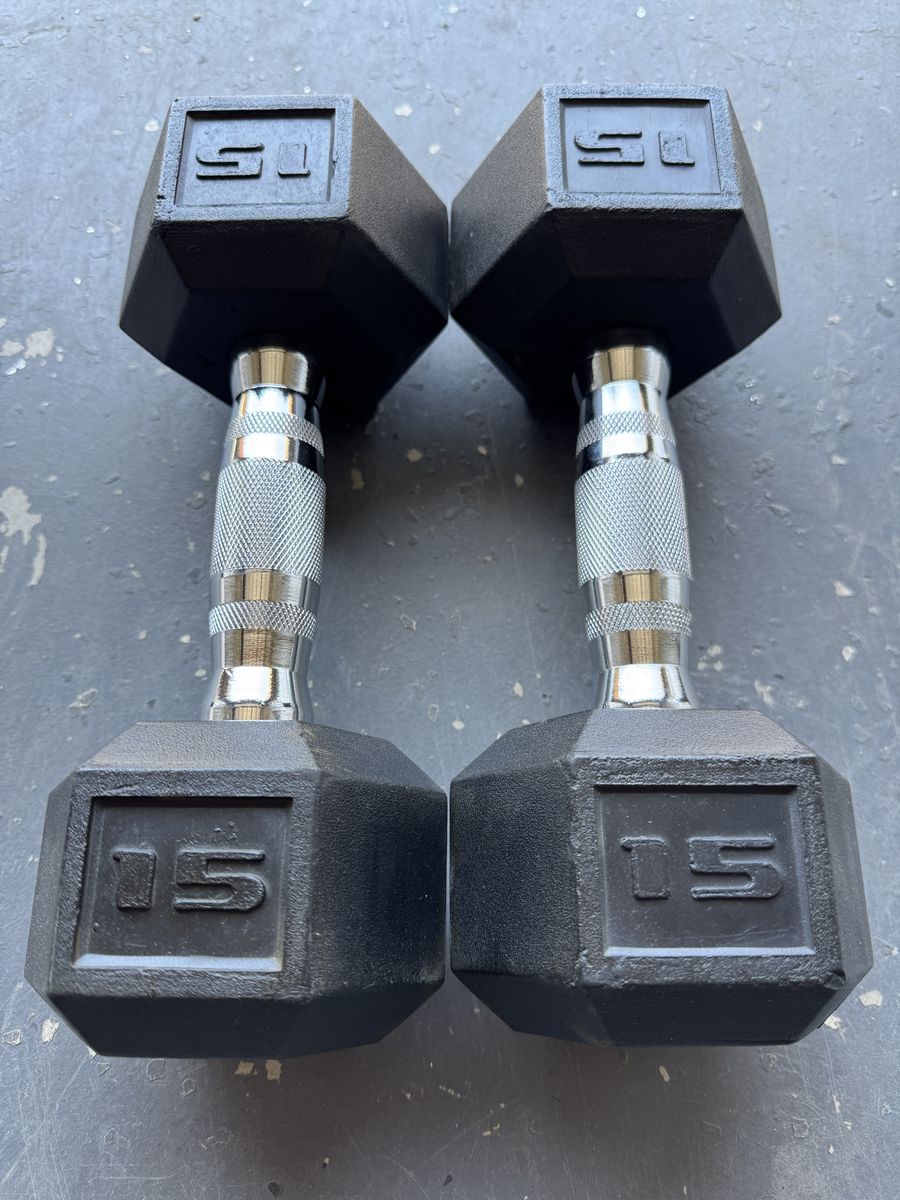 Pair of 15 lb rubber hex dumbbells with chrome-plated handles