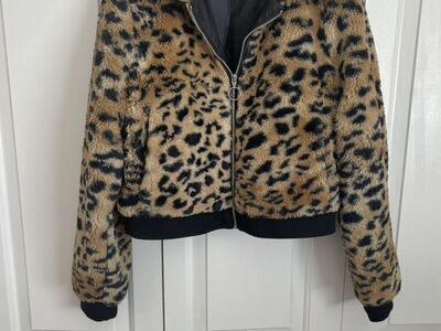 Leopard Print Faux Fur Zip-Up Jacket S: M 7-9