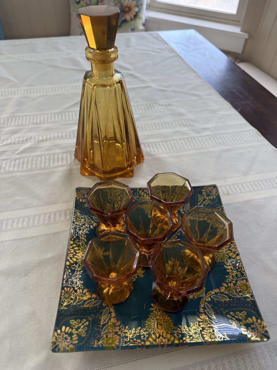 Antique yellow glass, Lacore and shot glasses and