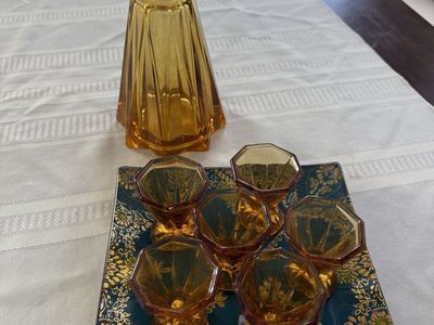 Antique yellow glass, Lacore and shot glasses and