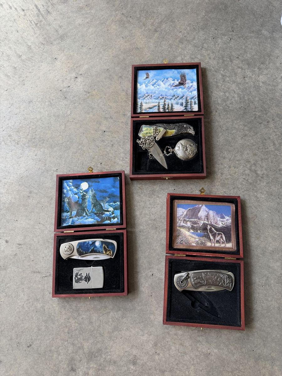 Collectible Wildlife Themed Pocket Knife and Lighter Sets - Eagle, Wolf, Bear Designs with Display Boxes