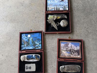 Collectible Wildlife Themed Pocket Knife and Lighter Sets - Eagle, Wolf, Bear Designs with Display Boxes