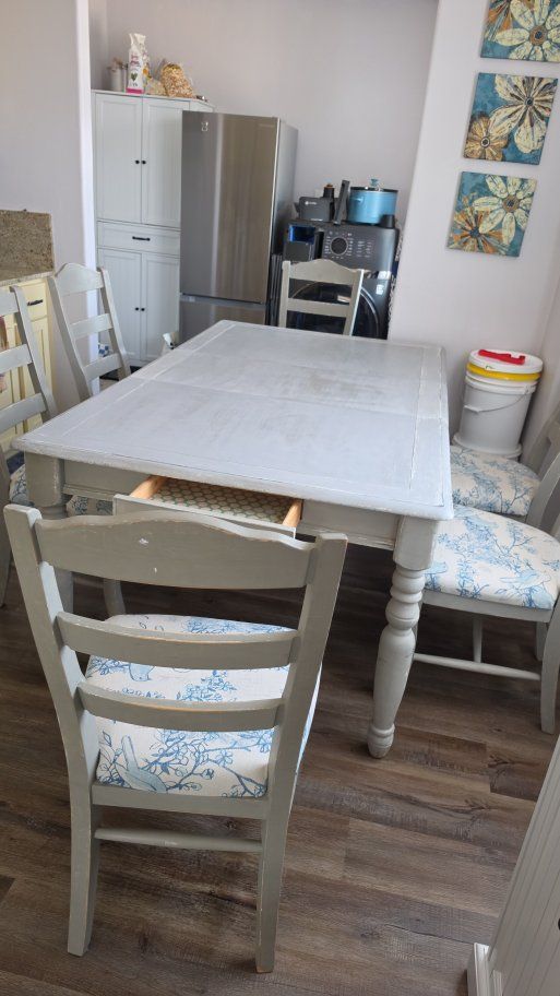 Gray Wooden Dining Table with Drawer and Floral Upholstered Chairs Set