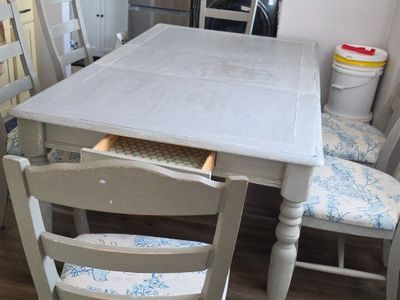 Gray Wooden Dining Table with Drawer and Floral Upholstered Chairs Set