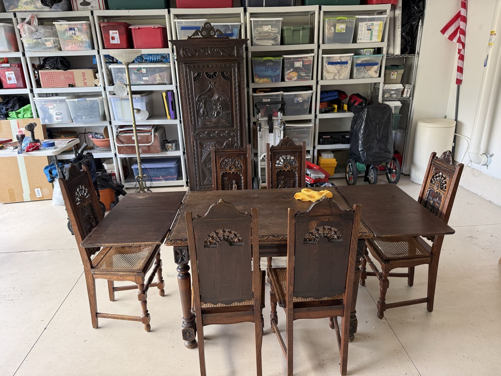 Antique French Baroque Table, 6 Chairs and Cabinet