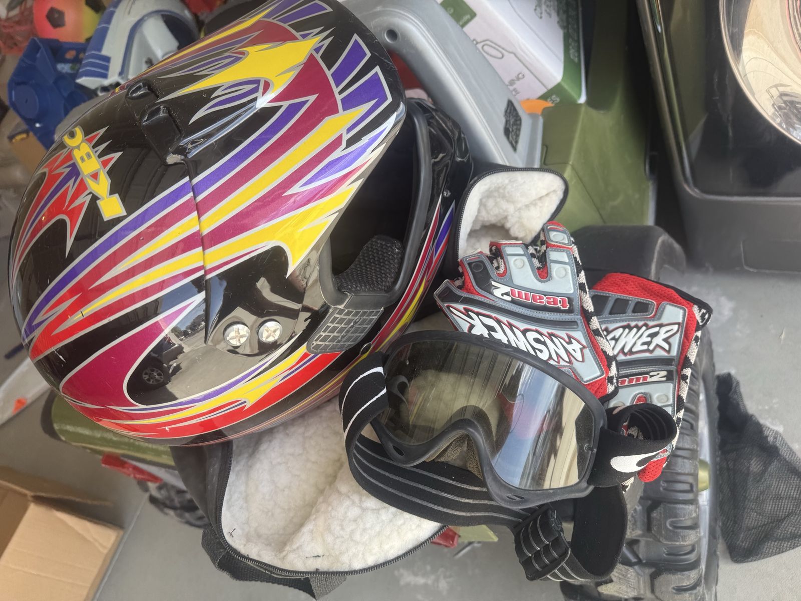 Motocross Helmet, Goggles, and Gloves