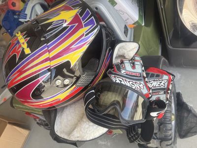 Motocross Helmet, Goggles, and Gloves