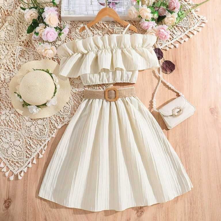 Girls' Off-Shoulder Ruffle Crop Top & Pleated Skirt Set with Non-Removable Belt - White, Size S