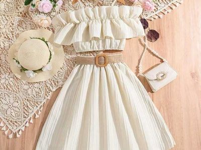 Girls' Off-Shoulder Ruffle Crop Top & Pleated Skirt Set with Non-Removable Belt - White, Size S