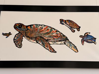Estate sale - 48" x 24" painting of sea turtles with black metallic frame