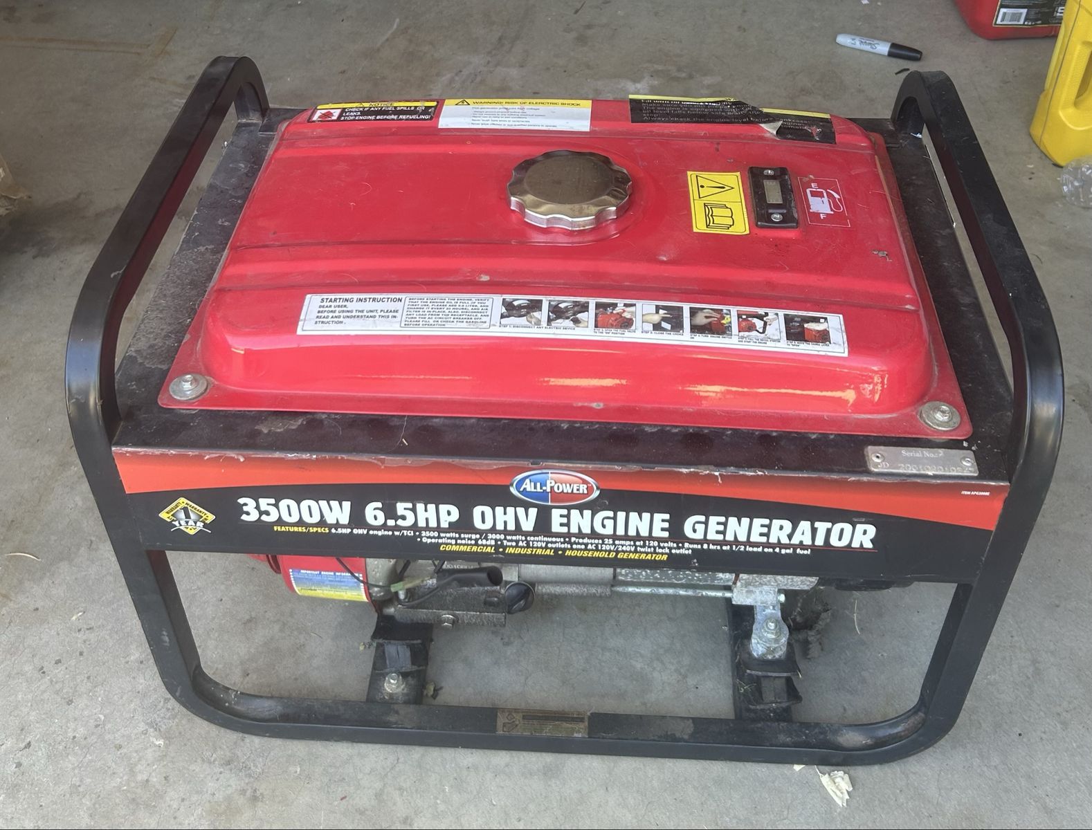 Generator 3500w 6.5HP OHV engine generator.