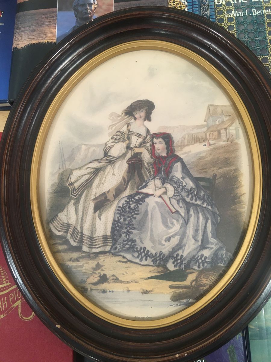 Vintage Oval Framed Victorian Fashion Art Print - Dark Wood & Gold Trim Frame