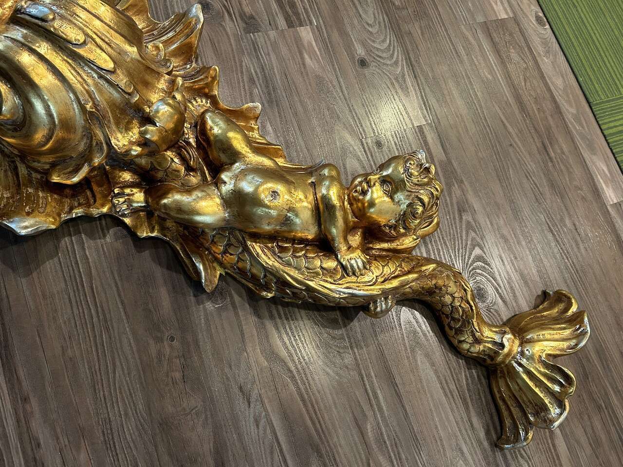VINTAGE WOOD FAUX FISH CHERUB WALL FOUNTAIN