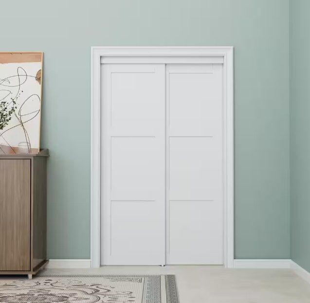 NEW - 48 in. x 80 in. Paneled 3-Lite White Primed MDF Muti-Design Sliding Door with Hardware